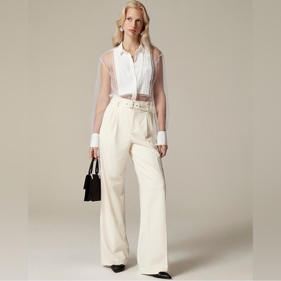 J. Crew Pants - J. Crew 2024 Belted Wide-Leg Trouser City Twill Cream Quiet Luxury Size 10